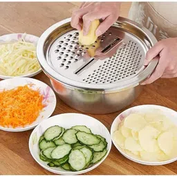 trendbit 3 in 1 Kitchen Multipurpose Kitchen Stainless Steel Bowl, Drain Basket, Julienne Graters for Vegetable Cutter,Vegetable/Fruit Grater Kitchen Mesh Strainers(Set of 1 Strainer (Steel Pack of 1) Collapsible Strainer image 2