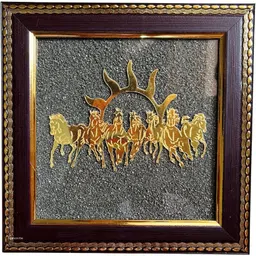 agatesvibe Golden 7 Horses with Sun Natural Raw Pyrite Frame Decorative Showpiece - 18.5 cm image 1