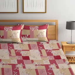 KLOTTHE Red & Beige Floral Pure Cotton 400 TC Double Bedsheet With 2 Pillow Covers image 5