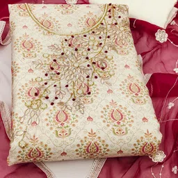 KALINI Floral Printed Beads & Stones Unstitched Dress Material image 4