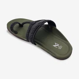 THE MADRAS TRUNK Men Olive & Black Textured Leather T-Strap Flats image 4