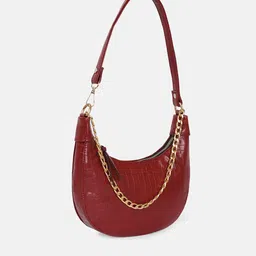 Bagsy Malone Maroon Animal Textured PU Half Moon Hobo Bag with Quilted image 3