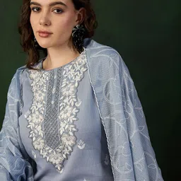 Sangria Boat Neck Embroidered Pure Cotton Straight Kurta With Trousers & Dupatta image 1