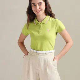 u.s. polo assn. Women Solid Polo Neck Cotton Blend Green T-Shirt-picture-12