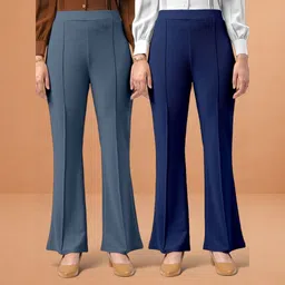 lookskky Pack of 2 Women Loose Fit Grey, Dark Blue Viscose Rayon Trousers-picture-16