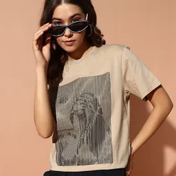 the dry state Women Printed Round Neck Pure Cotton Brown T-Shirt-picture-25