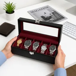 chestkraft Portable 6 Slots Watch Organiser Box made in Faux leatherette &Suede Watch Box-picture-27