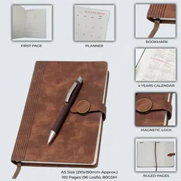 ujji Advocate Professional Fabric Like PU Leather Journal with Pen, Brown A5 Notebook Ruled 192 Pages image 2