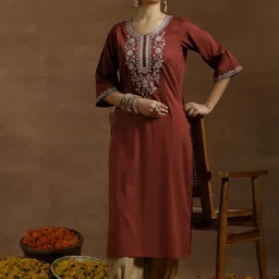 Women Embroidered Silk Blend Straight Kurta-image-24
