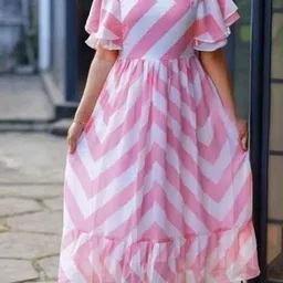 fashion2wear Women Fit and Flare Pink, White Midi/Calf Length Dress image 1