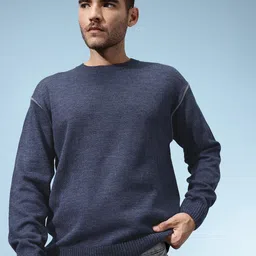Men Solid Round Neck Blue Sweater-image-0