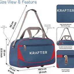 krafter 45 L Hand Duffel Bag - 45 L Hand travel Bag - Stylish Light Weight High Quality Travel Bag/Luggage Bag - Blue - Large Capacity image 3
