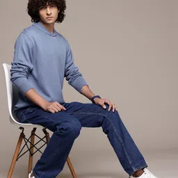 roadster Men Solid Mandarin Neck Blue Sweater-picture-25