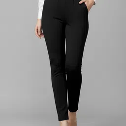 Women Slim Fit Black Cotton Blend Trousers-image-28