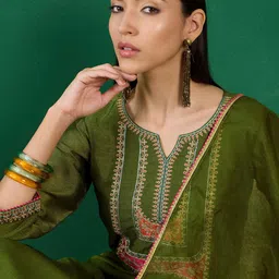 Sangria Olive Green Floral Embroidered Notch Neck Straight Kurta With Trouser & Dupatta-picture-34