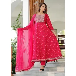 radhika fashion Women's Rayon 3/4 Sleeves Round Neck Embroidery Work Anarkali Gown with Dupatta & Pant Set image 4