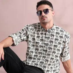 FILORI STUDIO Animal Printed Band Collar Pure Cotton Short Kurta-image-24