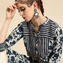 RANGMAYEE Women Off White & Navy Blue Ethnic Motifs Printed A-Line Kurta-picture-19
