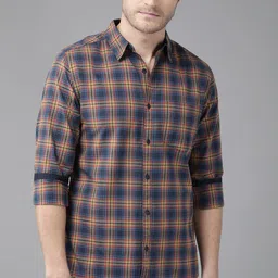 Roadster Men Navy Blue & Mustard Brown Pure Cotton Tartan Checks Casual Shirt-image-69