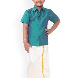 Thala-Thalapathy Boys Blue & Off-White Solid Shirt with Veshti & Towel With Gift Set-picture-29