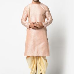 DEYANN Men Pink & Cream-Coloured Self Design Kurta with Dhoti Pants-picture-32