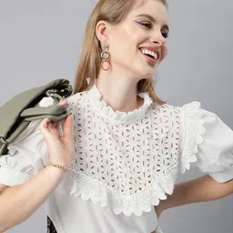 plusS White Schiffli Puff Sleeves Pure Cotton Laced Regular Top image 1