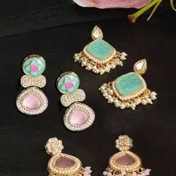 Zaveri Pearls Set of 3 Gold-Plated Teardrop Shaped Stone Studded & Beaded Drop Earrings image 1