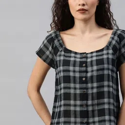 The Roadster Lifestyle Co BlackWhite Checked Pure Cotton Shirt Style Pure Cotton Top-image-29