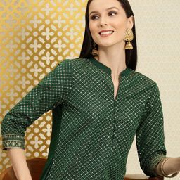 House of Pataudi Women Green Checked Embroidered Thread Work Kurta-picture-31