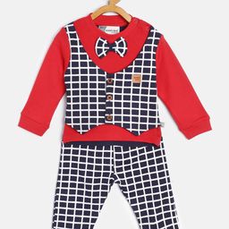 Moms Love Infant Boys Red & Navy Blue Cotton Checked T-shirt with Pyjamas-picture-1