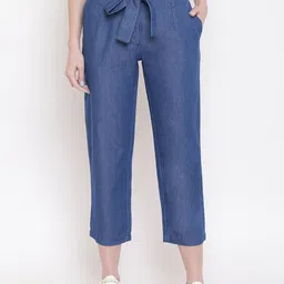 Mayra Women Blue Mom Fit Solid Peg Trousers-image-35