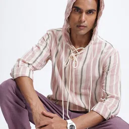 glitchez Trendy Twists Tweed Striped Lace -Ups Hooded Shirt-image-61