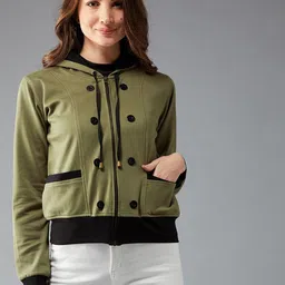 DOLCE CRUDO Women Olive Green Colourblocked Hooded Jacket-image-9