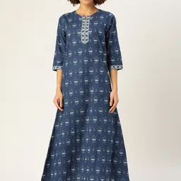 MBeautiful Women Navy Blue & White Pure Cotton Ethnic Print Maxi Nightdress image 1
