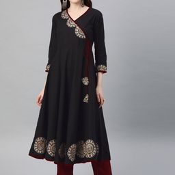 YASH GALLERY Women Black Solid A-Line Kurta with Appliques-picture-18