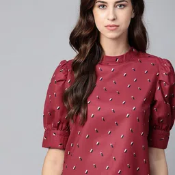 The Roadster Lifestyle Co Maroon Sustainable Recycled Polyester Printed Puff Sleeve Top-image-27