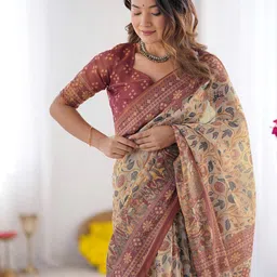 Satrani Women Floral Printed Pure Linen Saree-image-72