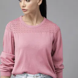 Roadster Women Pink Solid Open Knit Yoke Pullover-picture-14