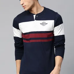 Roadster Men Navy  White Striped Henley Neck Pure Cotton T-shirt-picture-38