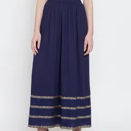 Castle Women Navy Blue & Gold-Toned Hem Design Wide Leg Palazzos-picture-21