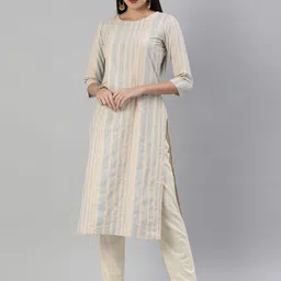 KALINI Women Grey Melange & Cream-Coloured Striped Straight Kurta-picture-10