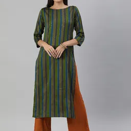 KALINI Women Olive Green & Navy Blue Striped Sequined Straight Kurta-picture-20