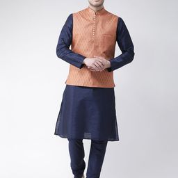 DEYANN Men Navy Blue Solid Kurta with Pyjamas & Nehru Jacket-picture-44