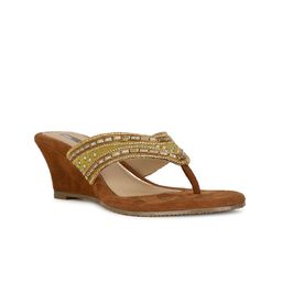 Bata Brown & Gold-Toned Embellished Wedge Heels-picture-18