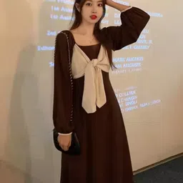 KPOP Women Solid Puff Sleeve A-Line Midi Dress-picture-36
