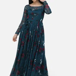 SCORPIUS Women Teal Green & Red Floral Printed Maxi Dress-picture-14