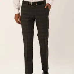 Peter England Men Charcoal Checked Slim Fit Formal Trousers-picture-15