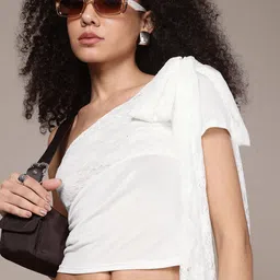 The Roadster Life Co. One Shoulder Bow Tie-Up Detail Lace Crop Top-picture-15
