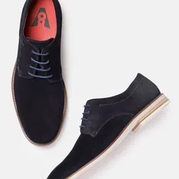 V8 by Ruosh Men Navy Blue Solid Suede Derbys-image-0