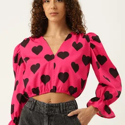 Sleek Italia Heart Printed Puff Sleeve Crepe Blouson Crop Top image 1